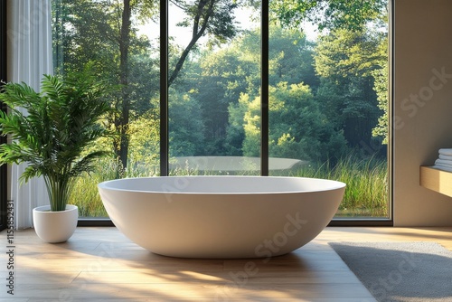 Modern bathroom with a freestanding tub and nature views in bright natural light