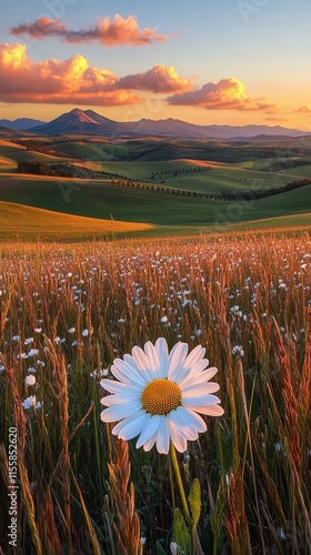 Beautiful sunset over rolling hills with a single daisy in foreground