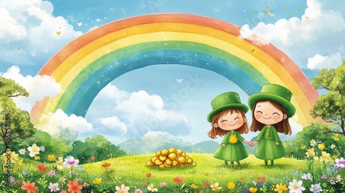 Children sharing joy under a vibrant rainbow with a treasure of gold coins in...