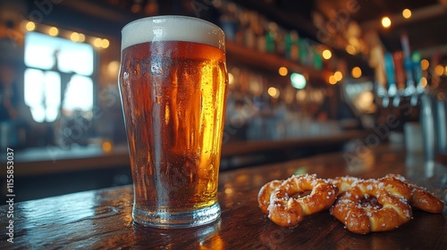 Enjoying a refreshing craft beer with a pretzel in a cozy bar setting
