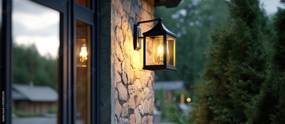 Elegant black exterior wall lamp illuminating a modern porch, enhancing rustic garden aesthetics in upscale residential design.