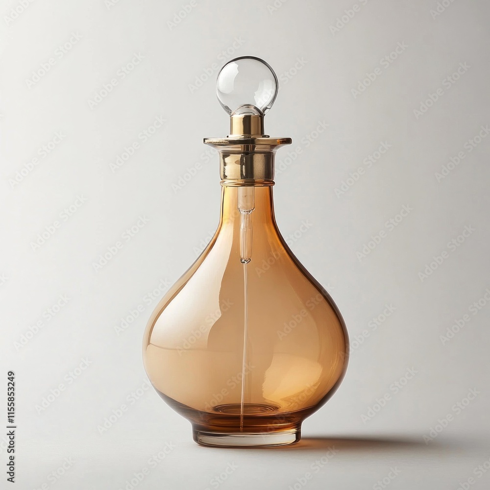 Amber glass decanter with brass stopper and dropper. Amber glass decanter with brass stopper and dropper.