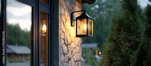 Obraz na płótnie Elegant black exterior wall lamp illuminating a modern porch, enhancing rustic garden aesthetics in upscale residential design. w salonie