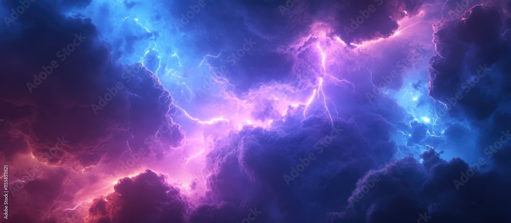 Abstract Electric Energy Lightning Background in Blue and Purple Hues for Dark Sky Storm Fantasy Creative Design with Space for Text