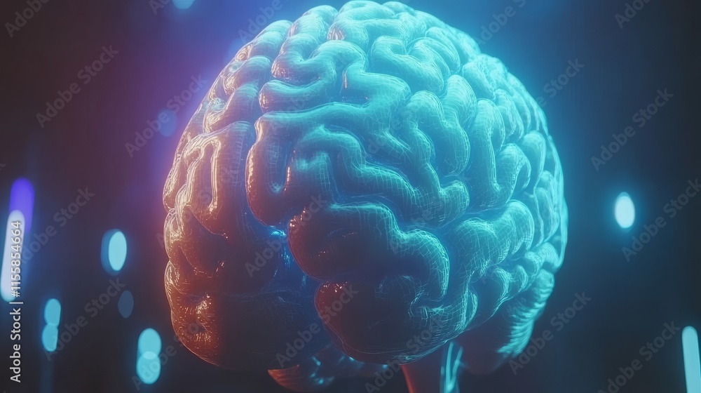 A 3D rendition showcasing stock hardware. A glowing blue brain circuit on a microchip located on a computer motherboard, designed for big data processing, AI trading, and machine learning, against a A 3D rendition showcasing stock hardware. A glowing blue brain circuit on a microchip located on a computer motherboard, designed for big data processing, AI trading, and machine learning, against a