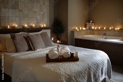 Cozy bedroom with warm lighting and soft textures creating a serene atmosphere