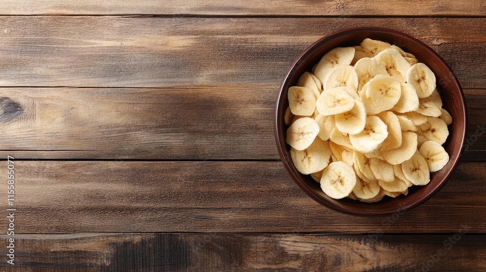 Bowl of banana chips on rustic wooden table with ample copy space for healthy snack promotions and advertising ideas Bowl of banana chips on rustic wooden table with ample copy space for healthy snack promotions and advertising ideas