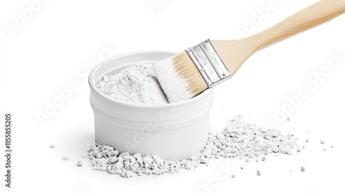 Close up of a paint brush resting on a white paint bucket with scattered paint particles on a bright background for text space photo