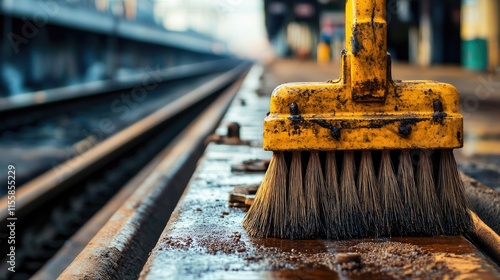 Detail of a cleaning brush used for maintaining subway rails with blurred tracks in the background and ample space for textual content