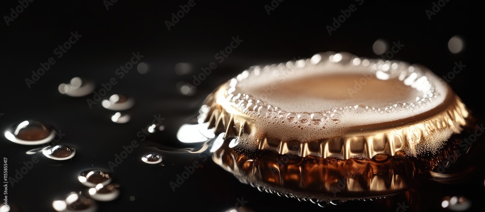Close up of a beer cap with foam bubbles and condensation on a reflective surface ideal for beverage advertising or promotions Close up of a beer cap with foam bubbles and condensation on a reflective surface ideal for beverage advertising or promotions