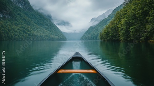 Beautiful landscape with a yellow canoe on calm water surrounded by mountains
