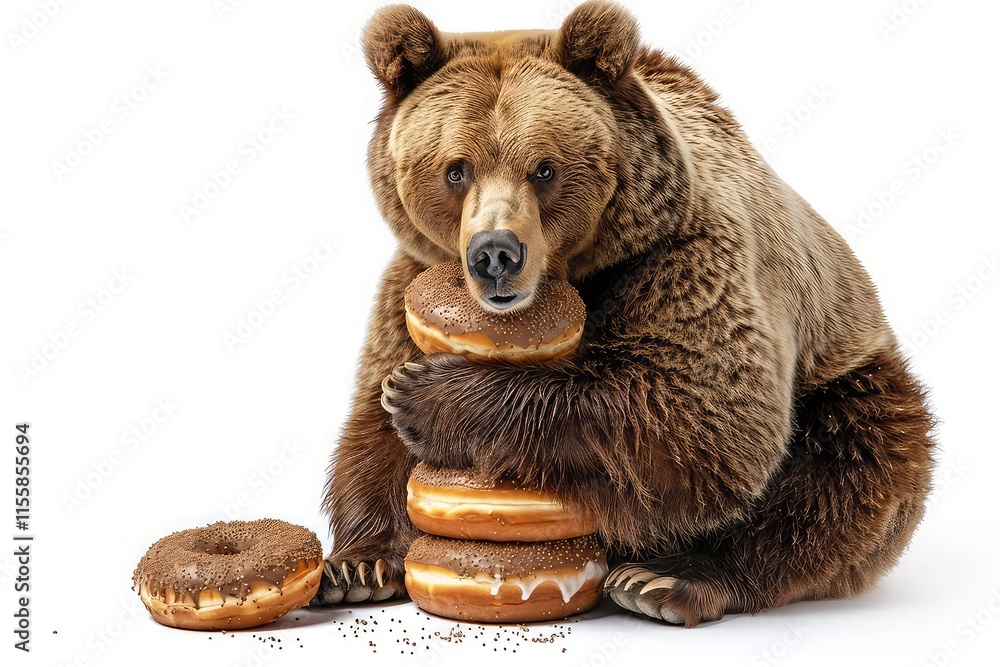 A cute bear eating a stack of donuts white background A cute bear eating a stack of donuts white background