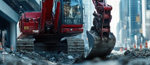 Close up of a red industrial excavator trencher digging soil in an urban environment showcasing modern buildings and construction details