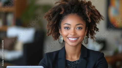 Young woman smiles confidently in a cozy cafe with plants and warm lighting