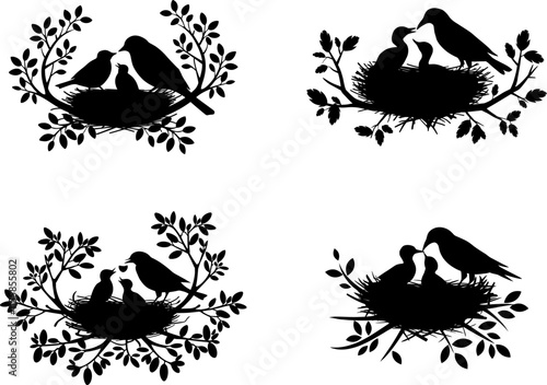 Black and white, three birds sit in nest, on white background
