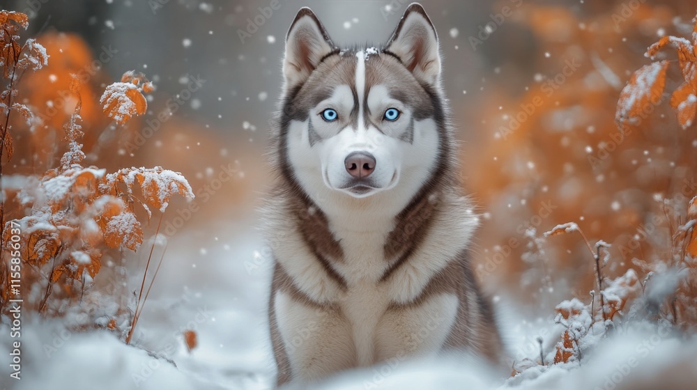 Beautiful husky resting in a snowy forest during golden hour sunlight in winter landscape Beautiful husky resting in a snowy forest during golden hour sunlight in winter landscape