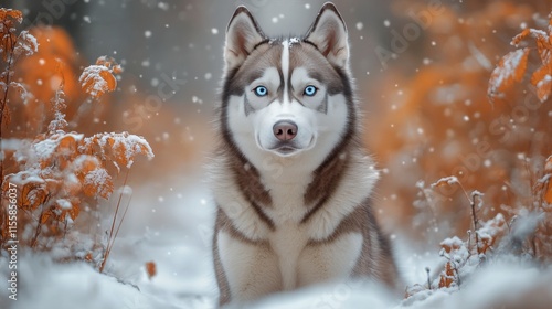Beautiful husky resting in a snowy forest during golden hour sunlight in wint...