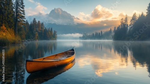 Beautiful landscape with a yellow canoe on calm water surrounded by mountains