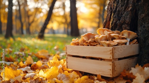 Close up of wooden box filled with mushrooms beside a tree trunk in an autumn park with colorful fallen leaves and blurred background photo