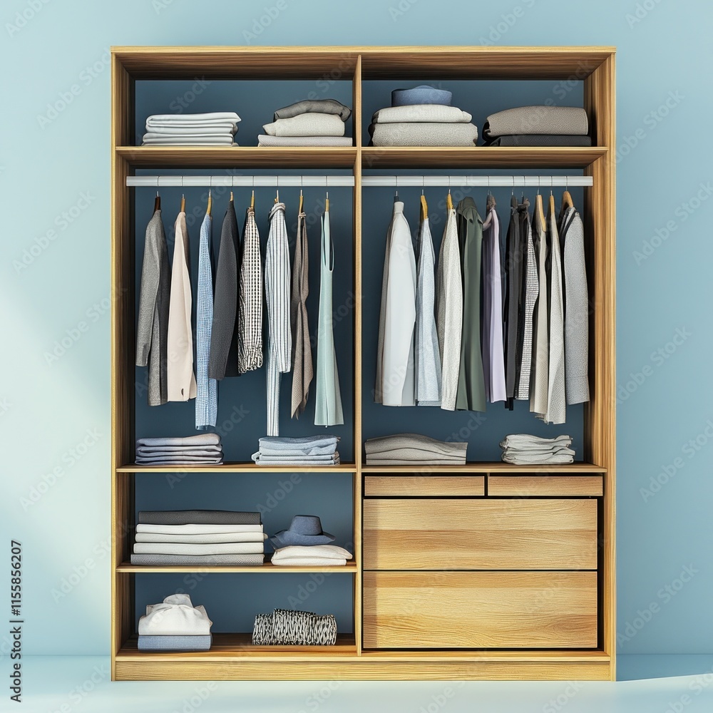 Organized wardrobe with clothes neatly folded and hung. Organized wardrobe with clothes neatly folded and hung.