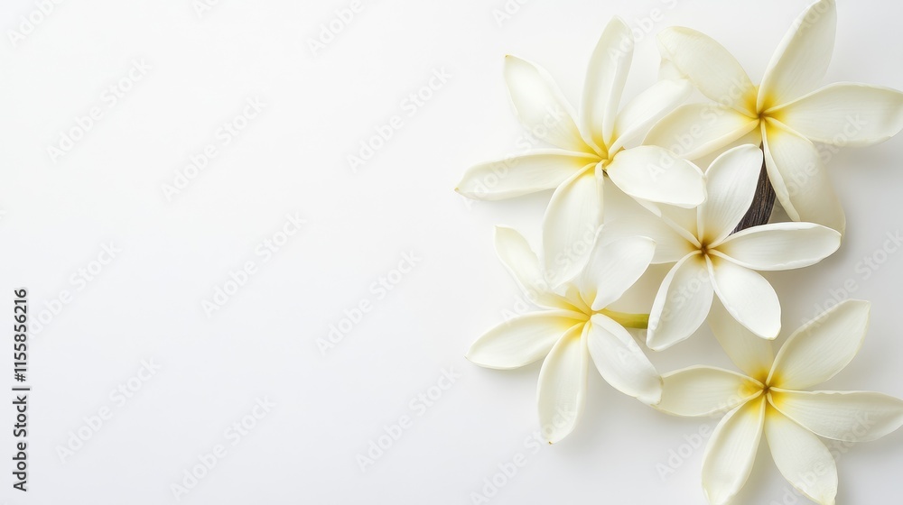 Fresh French vanilla flowers in close-up arrangement on white background with ample space for text or design elements. Fresh French vanilla flowers in close-up arrangement on white background with ample space for text or design elements.