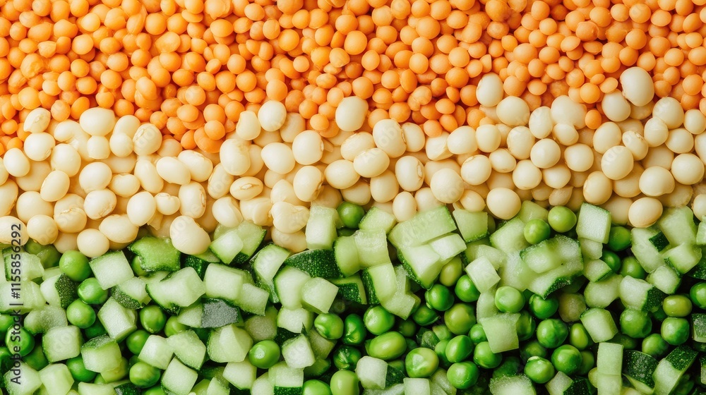 Vibrant display of assorted legumes and vegetables emphasizing healthy eating with ample empty space for customizable text or branding Vibrant display of assorted legumes and vegetables emphasizing healthy eating with ample empty space for customizable text or branding