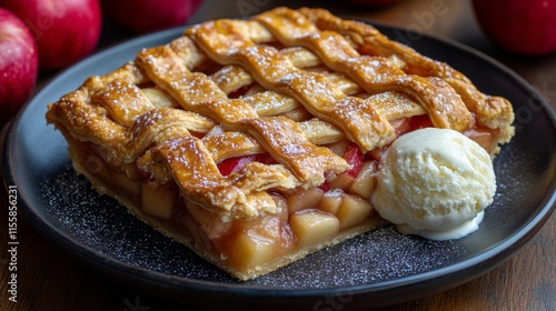 Delicious apple pie with lattice crust and vanilla ice cream served on a dark...