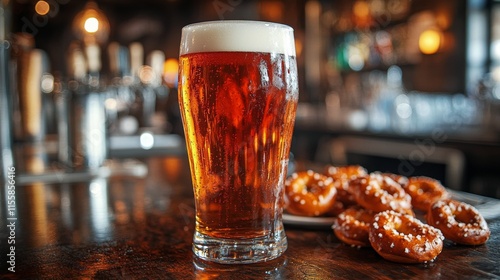 Refreshing beer served with pretzels in a cozy bar setting