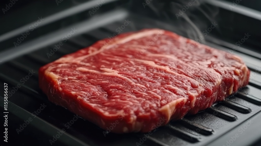 Fresh raw ribeye steak on grilling plate with sear marks ready for gourmet cooking presentation and ample copy space for text or branding Fresh raw ribeye steak on grilling plate with sear marks ready for gourmet cooking presentation and ample copy space for text or branding