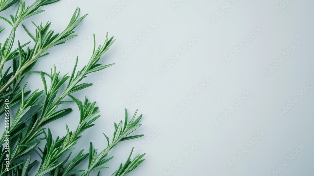 Fresh green rosemary leaves on a light background with ample space for text highlighting culinary beauty and natural ingredients Fresh green rosemary leaves on a light background with ample space for text highlighting culinary beauty and natural ingredients