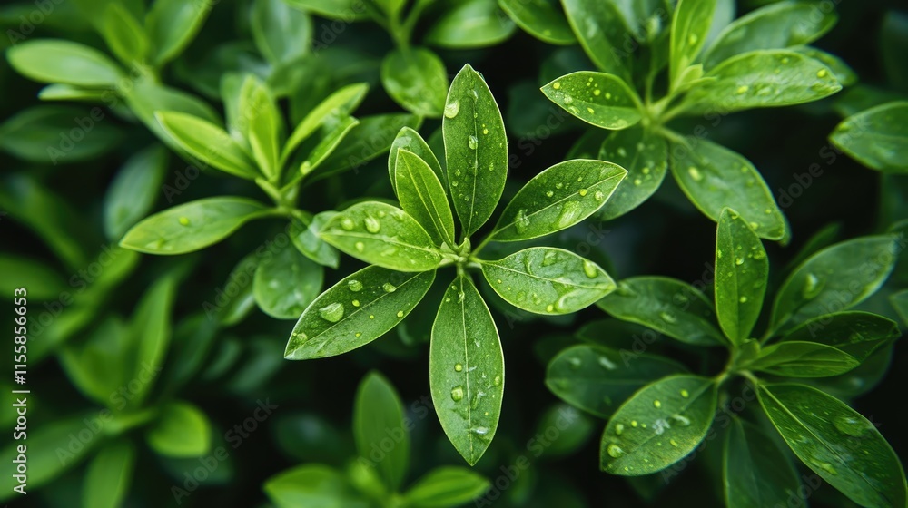 Close up of fresh green leaves covered in water droplets symbolizing nature conservation and environmental awareness with space for text Close up of fresh green leaves covered in water droplets symbolizing nature conservation and environmental awareness with space for text