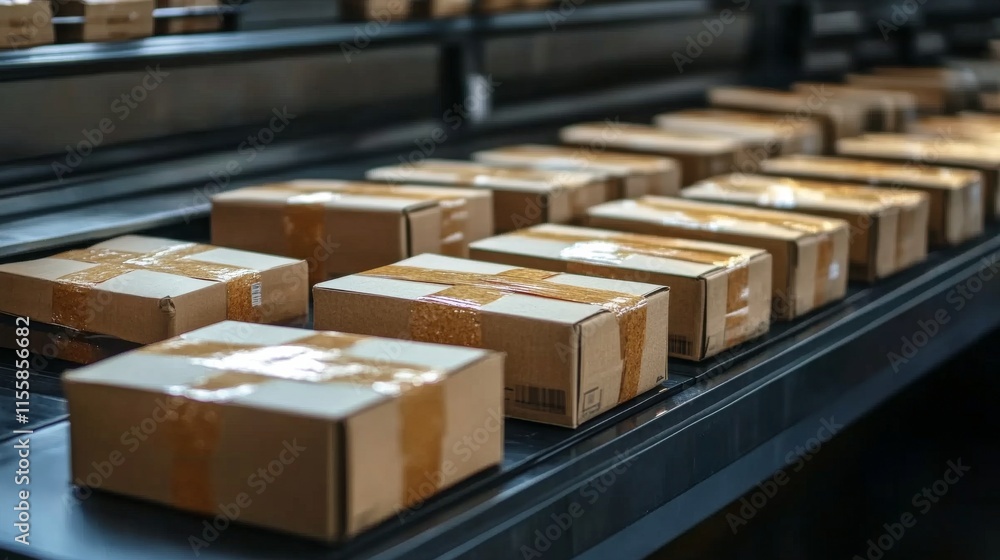 Delivery packages stacked on a counter in a busy shipping store during daylight hours Delivery packages stacked on a counter in a busy shipping store during daylight hours