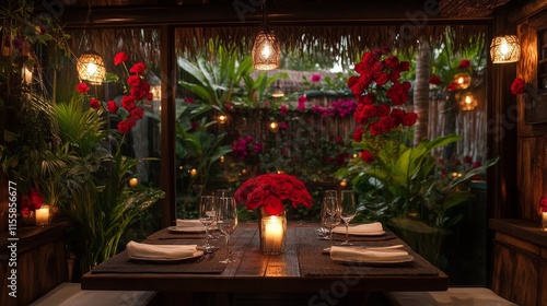 Elegant dining setup surrounded by lush greenery and vibrant flowers in a tro...
