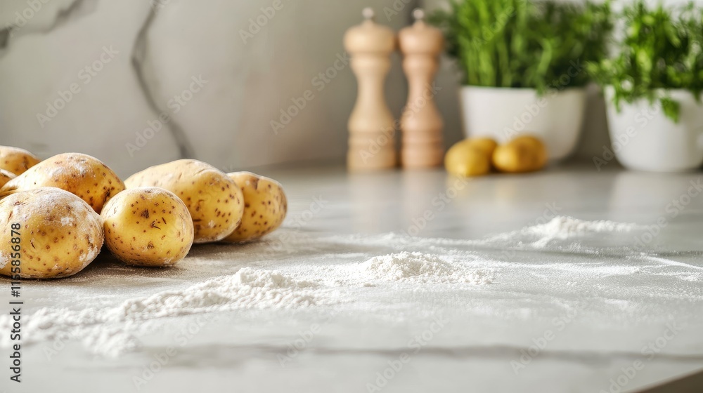 Fototapeta premium Freshly prepared potato dough surrounded by flour on a kitchen counter with ideal space for adding text or branding elements.