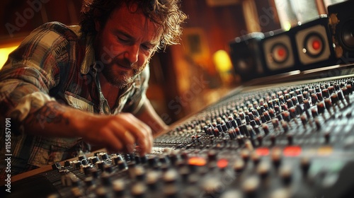 Music producer adjusting vintage soundboard in recording studio during late n...