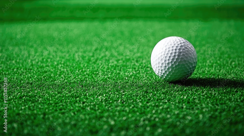 Close up of a pristine golf ball resting on a vibrant green fairway ideal for sports marketing or golf related advertising copy space