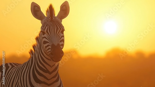 Zebra portrait against sunset backdrop with soft golden light creating serene atmosphere and ample space for text or branding options photo