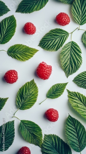 Fresh raspberries and green leaves arranged on a light background for a vibra...