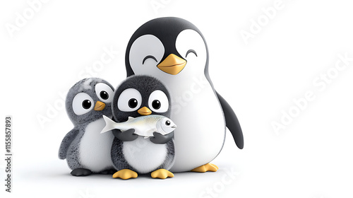 Three penguins are holding a fish in their beaks. generated using AI