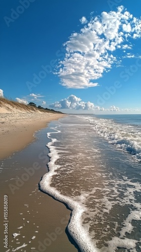 Serene coastal view under a clear blue sky with gentle waves and fluffy clouds
