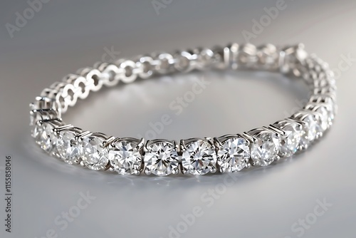 A finely crafted diamond tennis bracelet, displayed on a muted grey background.