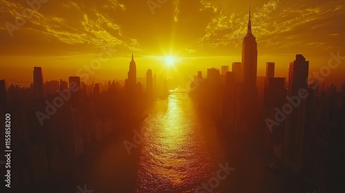 Stunning sunset view of airplane flying near skyscrapers in a vibrant city sk...