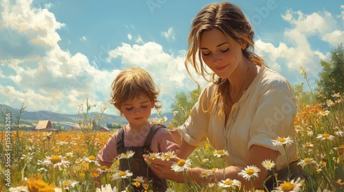 Mother and child enjoying a sunny day in a flower field gathering daisies tog...
