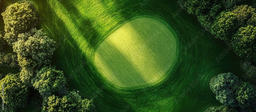Fototapeta premium Aerial view of a lush green golf course surrounded by trees with ample empty space for text or branding in the foreground