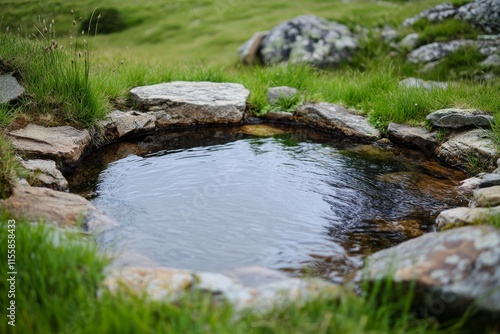 Natural spring water pond surrounded by grass and stones in a serene landscape