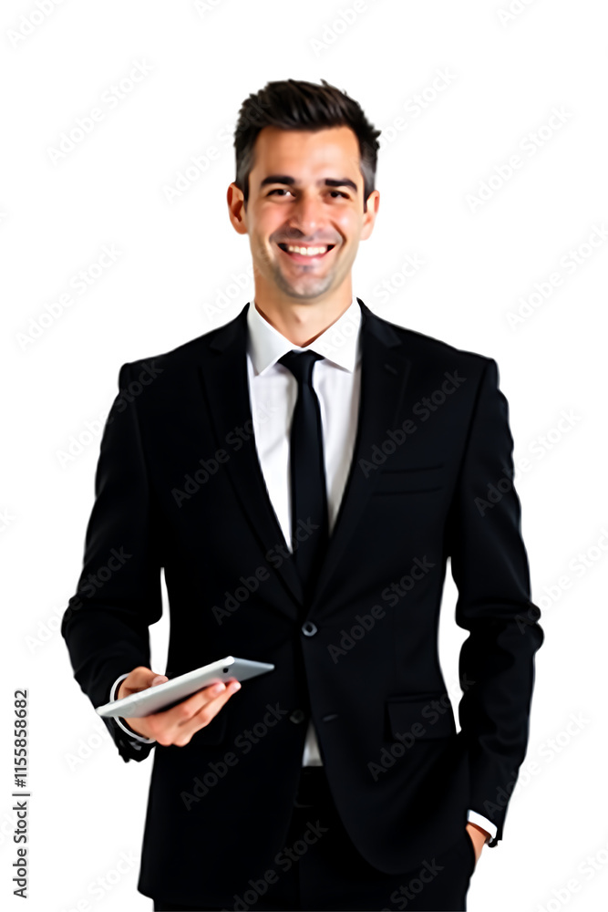 Confident businessman in a suit standing with a smile, isolated on transparent background, perfect for 2025 social media posts, ads, promotions, web banners, posters, and high-quality downloads