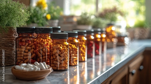Colorful display of various medicine bottles in a well-lit pharmacy setting