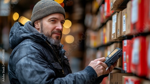 Warehouse employee organizing inventory with handheld scanner in storage faci...