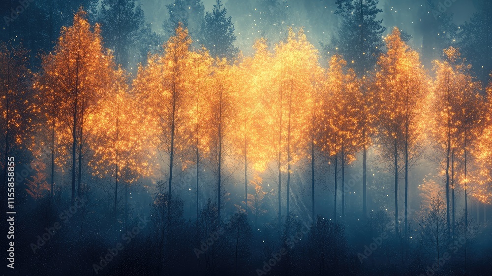 Aerial view of vibrant young trees in a mystical glowing forest with atmospheric fog ideal for text overlay and creative design use Aerial view of vibrant young trees in a mystical glowing forest with atmospheric fog ideal for text overlay and creative design use