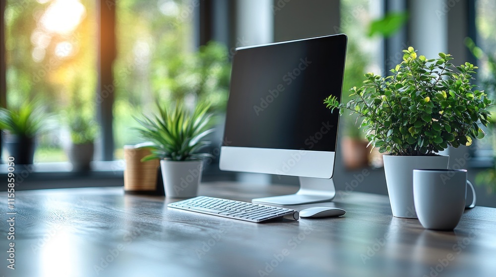 Modern workspace with computer, plants, and coffee cup. Modern workspace with computer, plants, and coffee cup.